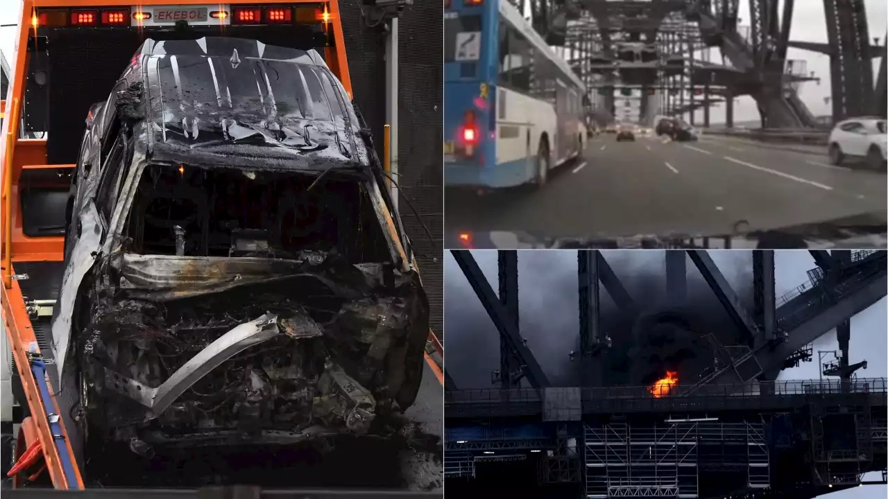 WATCH: The moment a car explodes into flames after crash on Sydney Harbour Bridge