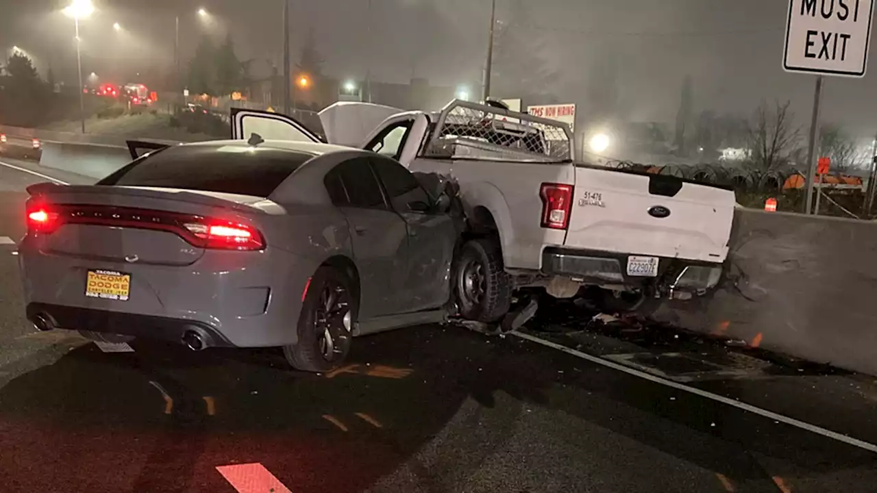 Two vehicles crash in Tacoma construction zone, injuring two workers