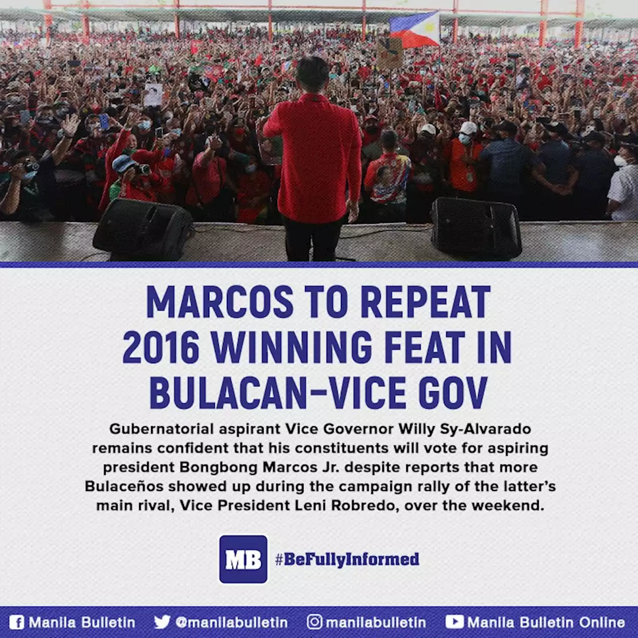 Marcos to repeat 2016 winning feat in Bulacan--vice gov