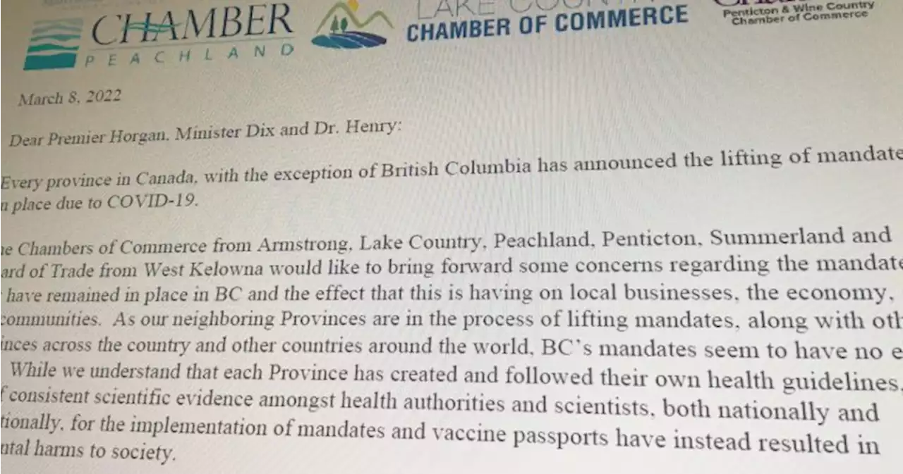 6 Okanagan chambers of commerce call on B.C. to end vaccine mandates - Okanagan | Globalnews.ca