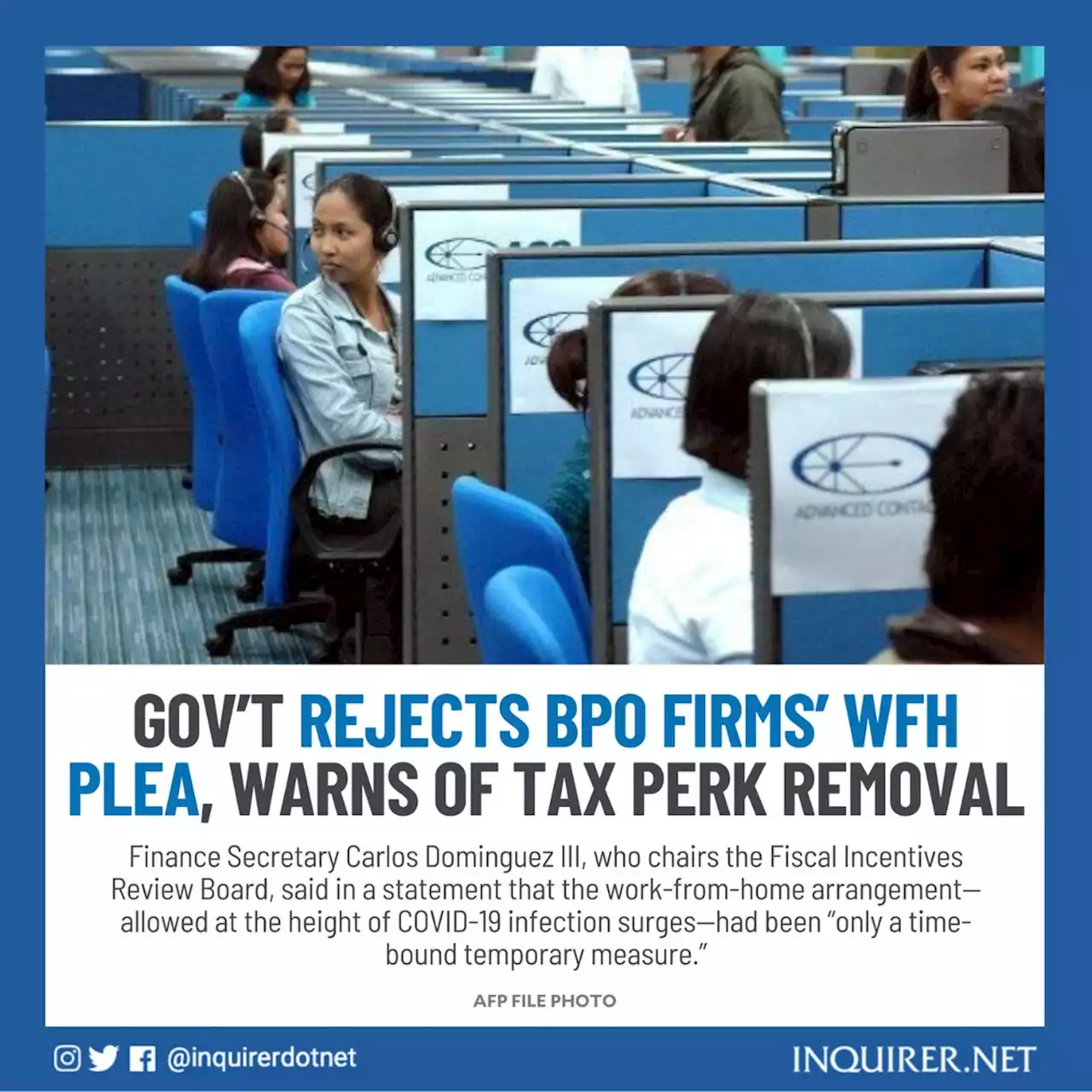 Gov’t rejects BPO firms’ WFH plea, warns of tax perk removal