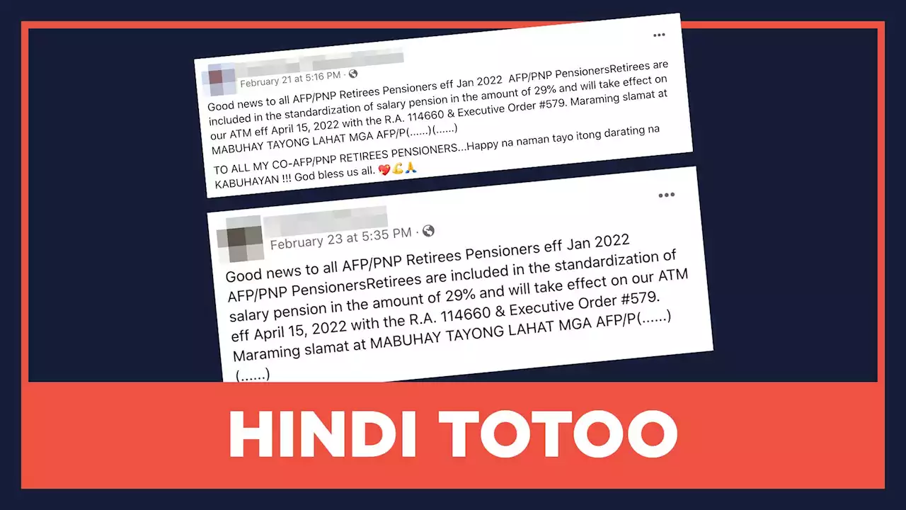 HINDI TOTOO: Itataas nang 29% ang pensiyon ng mga miyembro ng AFP at PNP sa Abril 2022