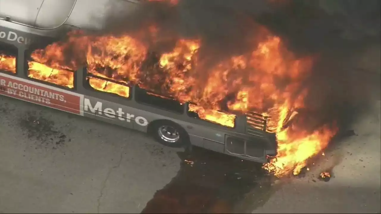 LA Bus Fire: Metro vehicle fully engulfed in flames on 10 Freeway