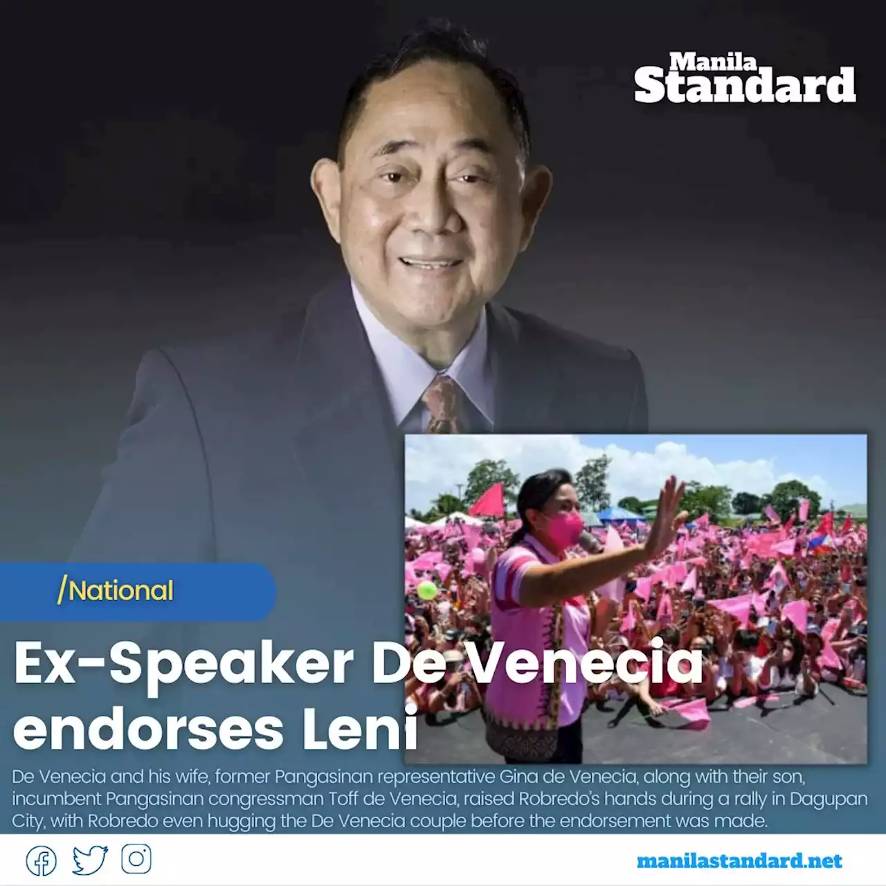 Ex-Speaker De Venecia endorses Leni