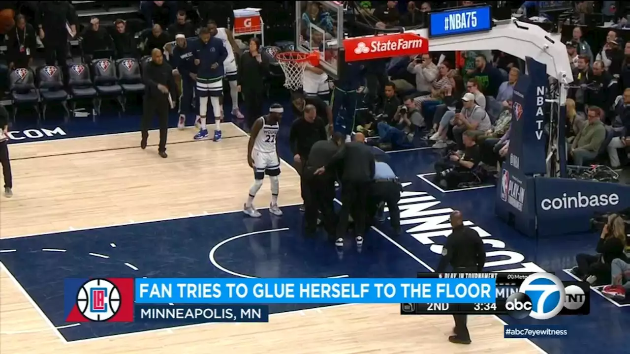 Fan tries to glue herself to floor at Clippers-Timberwolves game in apparent animal rights protest