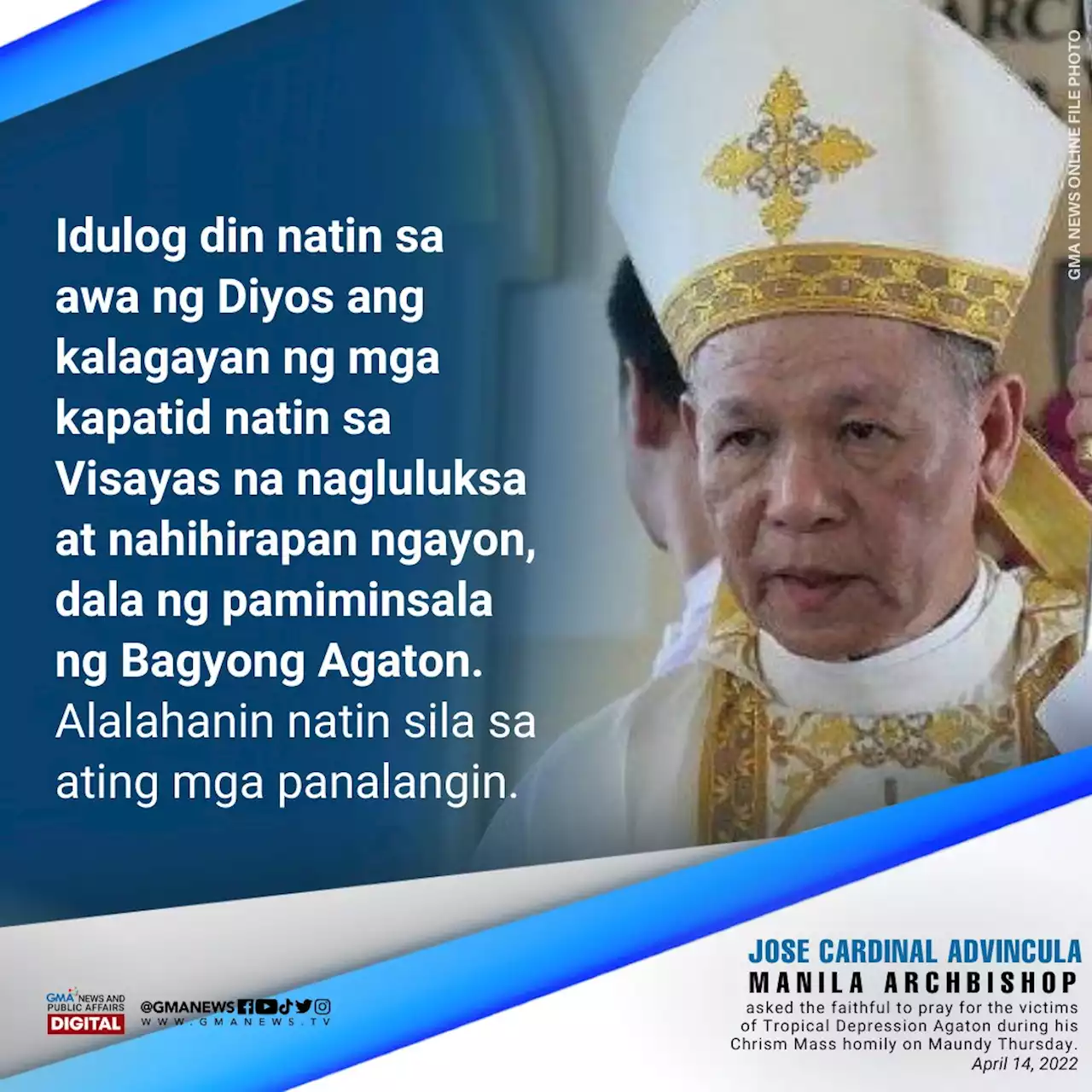 Cardinal Advincula asks for prayers for Agaton victims