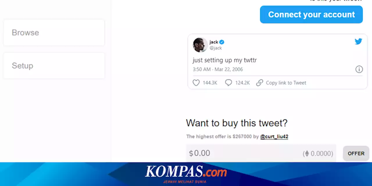 NFT Twit Pertama Bos Twitter Dijual Lagi, Penawaran Tertinggi Hanya Rp 4 juta