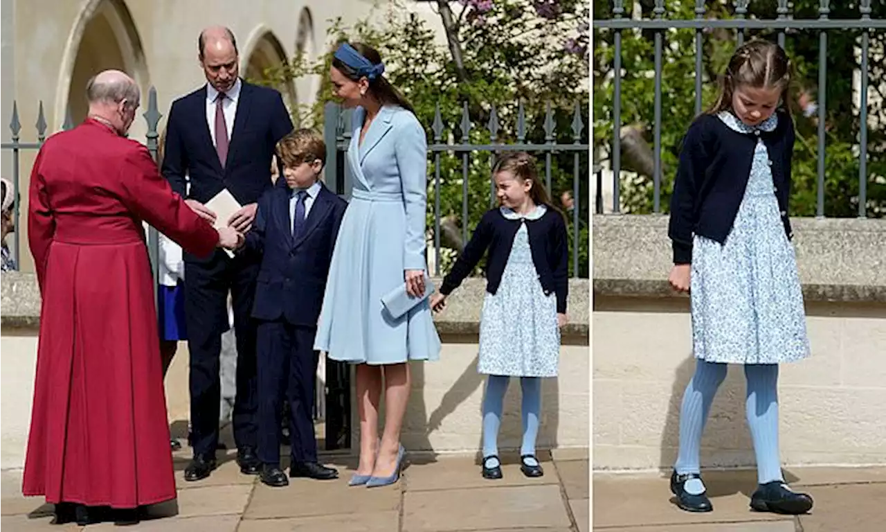 Princess Charlotte, six, appears impatient to leave St George's Chapel