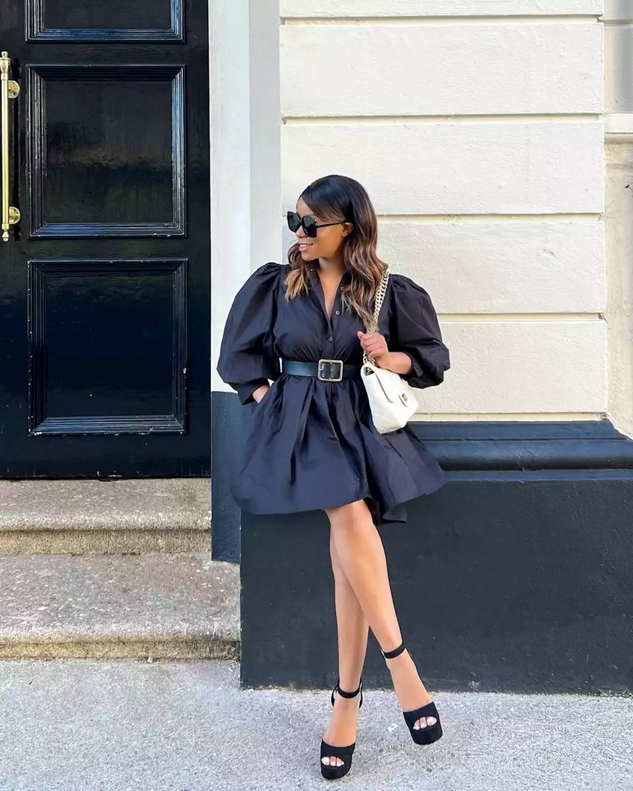 LORNA LUXE BLACK 'MERCER' POPLIN PUFF SLEEVE SHIRT DRESS