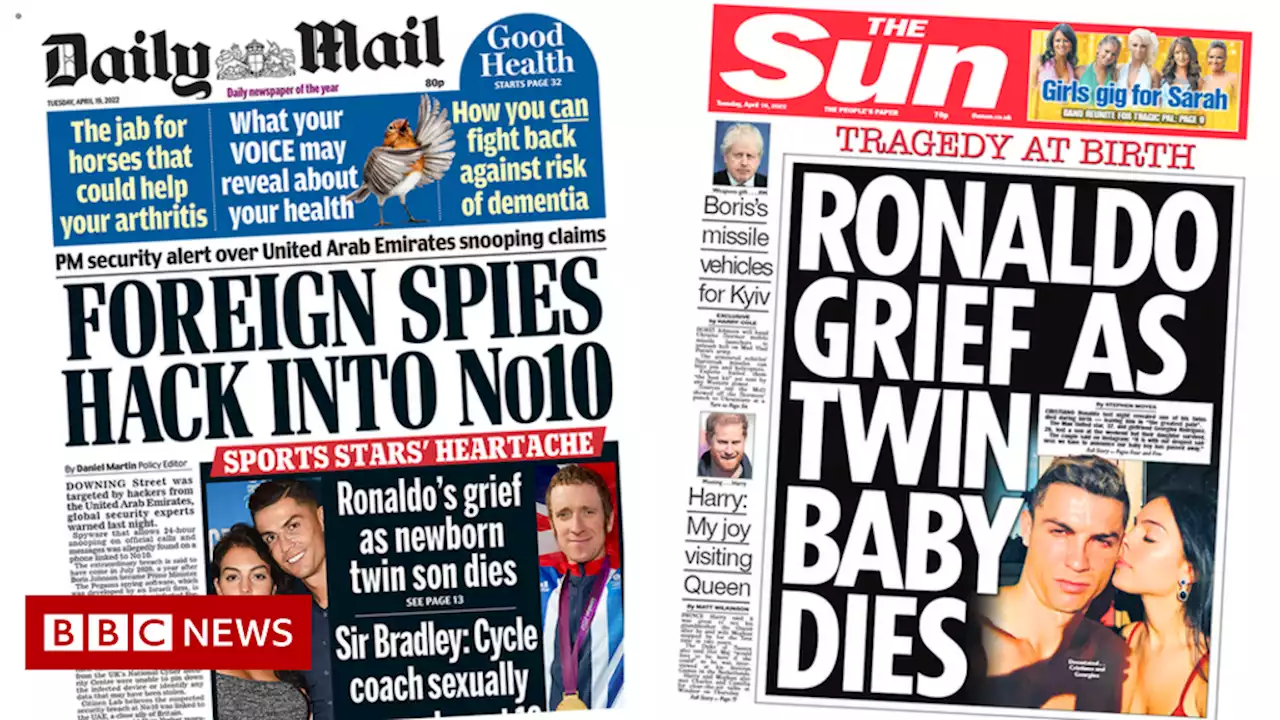 Newspaper headlines: 'Foreign spies hack No 10' and 'Ronaldo's grief'