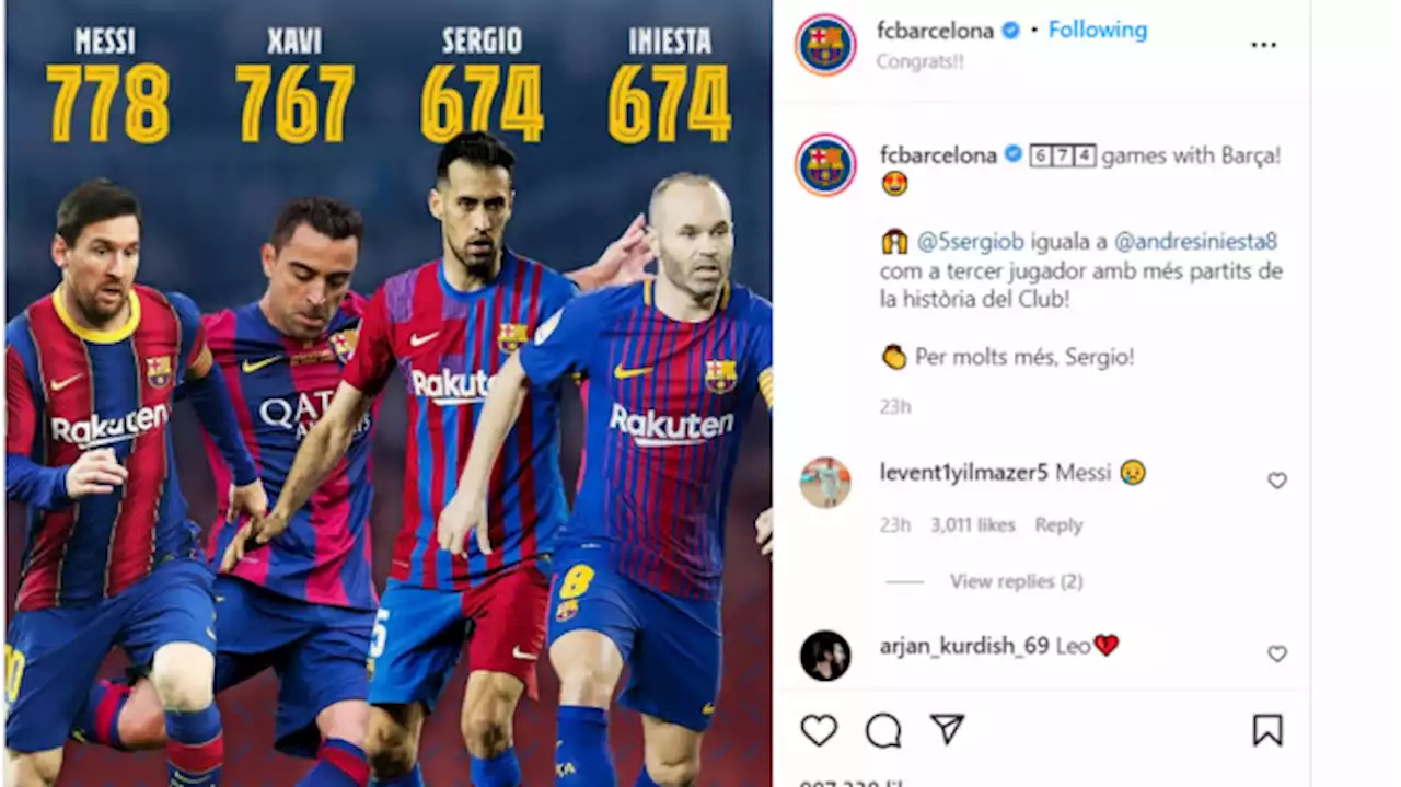 Sergio Busquets Samai Andres Iniesta, Masuk Urutan Tiga Besar Pemain dengan Penampilan Terbanyak untuk Barcelona