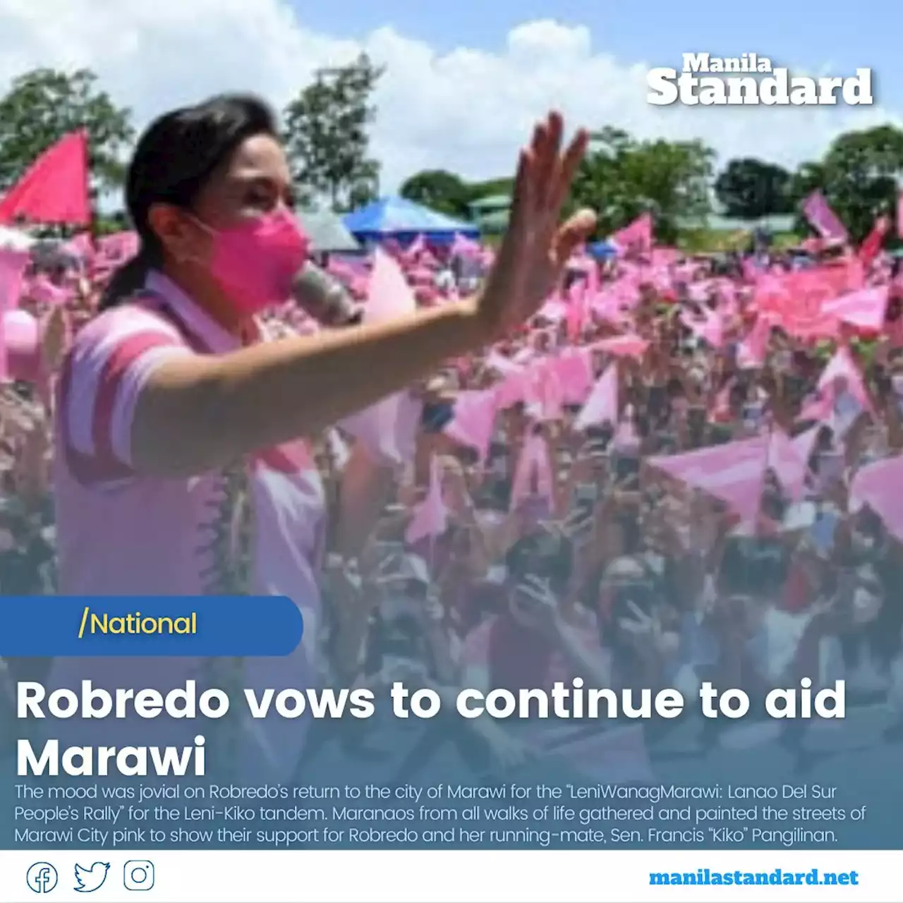 Robredo vows to continue to aid Marawi
