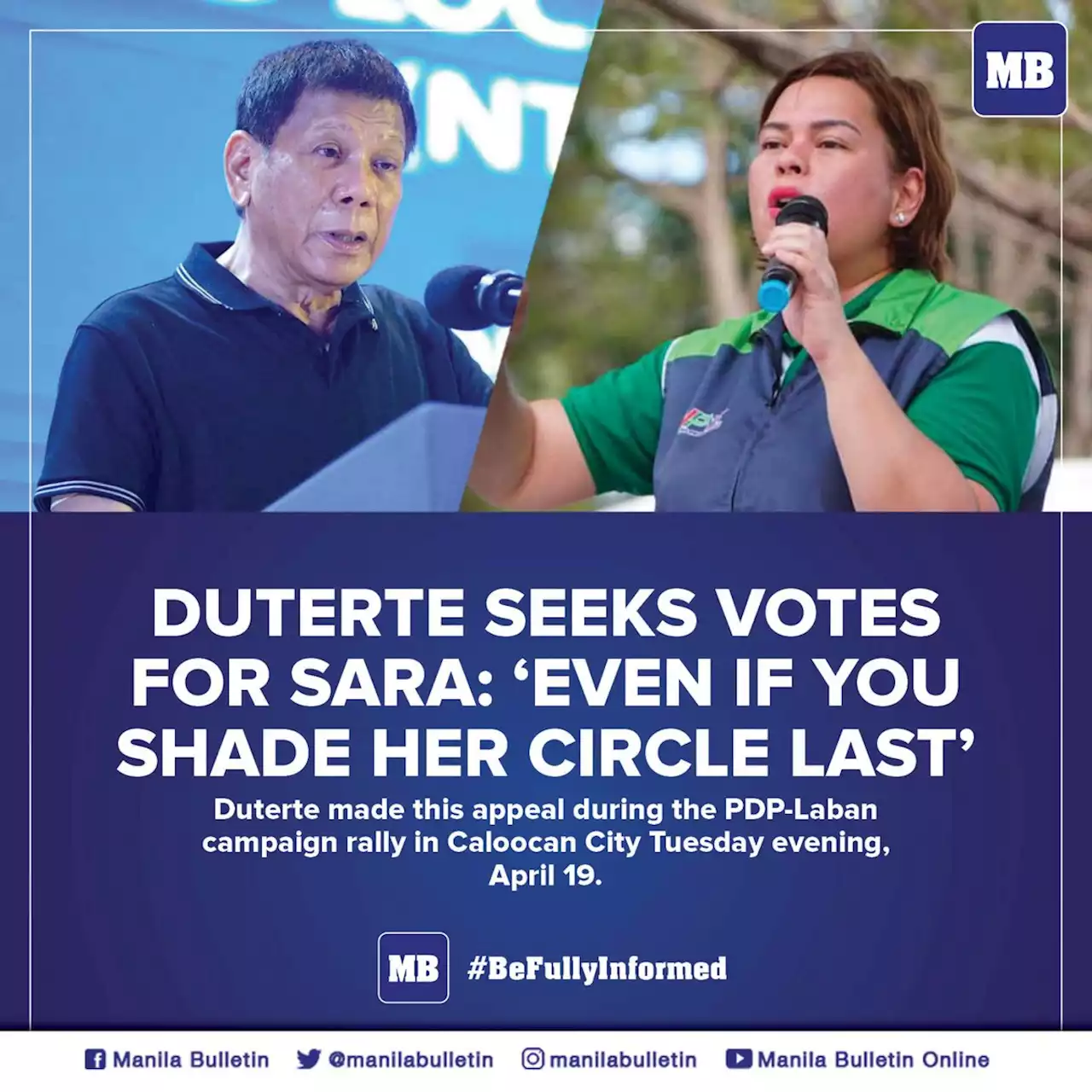 Duterte seeks votes for Sara: 'Even if you shade her circle last'