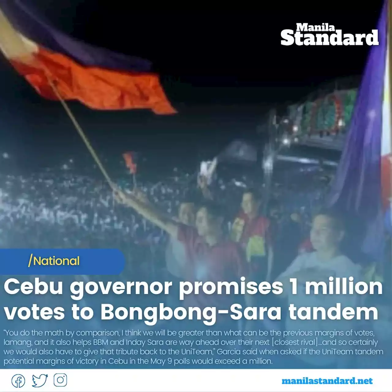 Cebu governor promises 1 million votes to Bongbong-Sara tandem