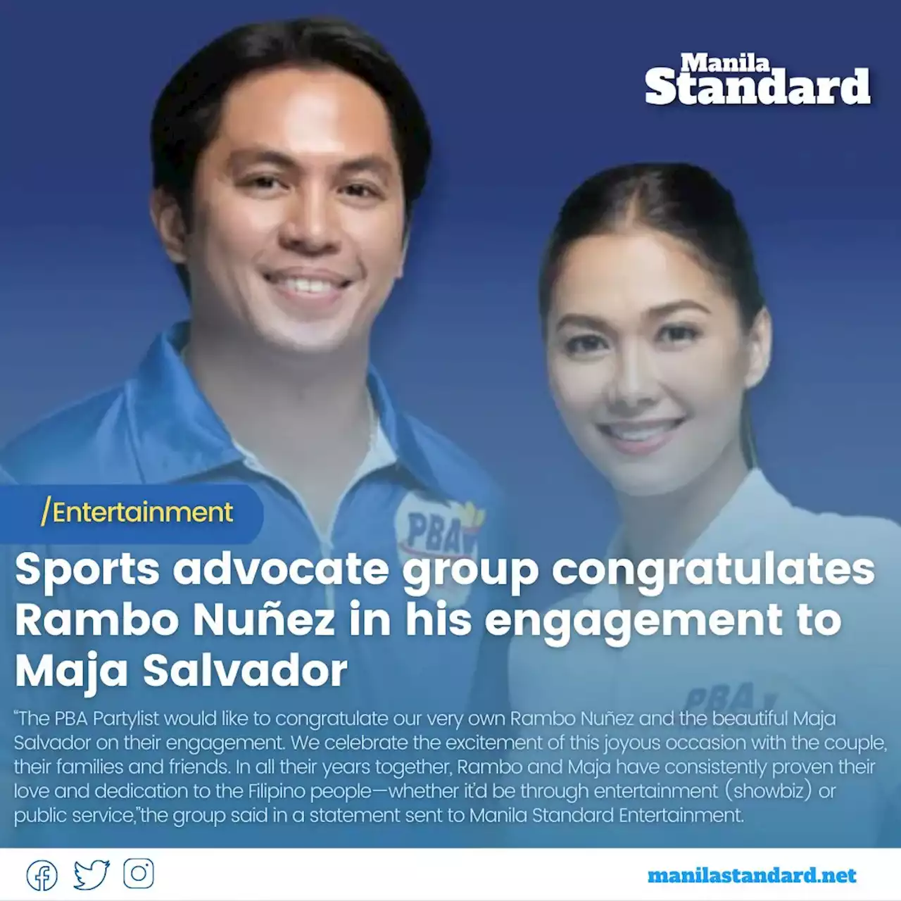 Sports advocate group congratulates Rambo Nuñez in his engagement to Maja Salvador