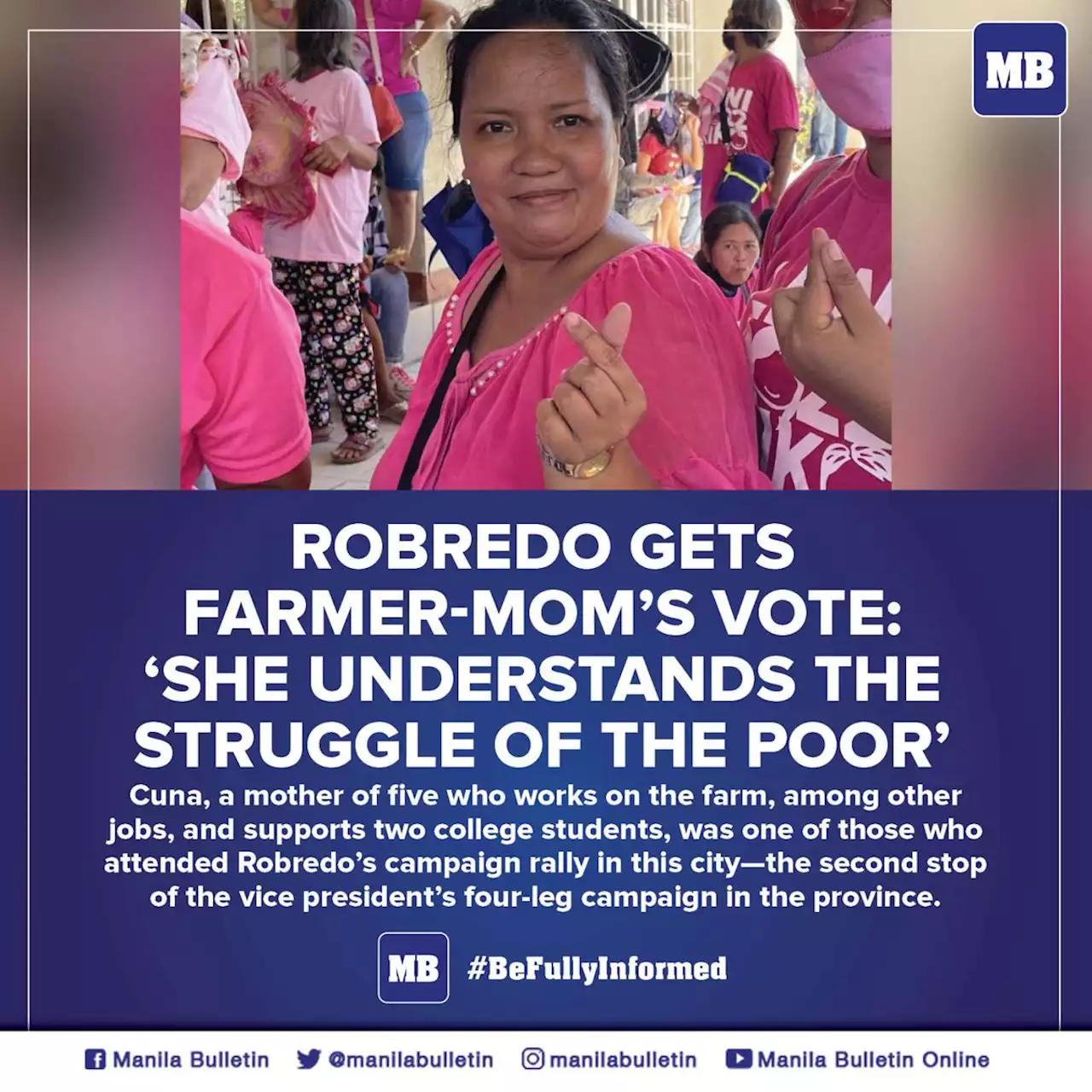 Robredo gets farmer-mom's vote: ‘She understands the struggle of the poor'