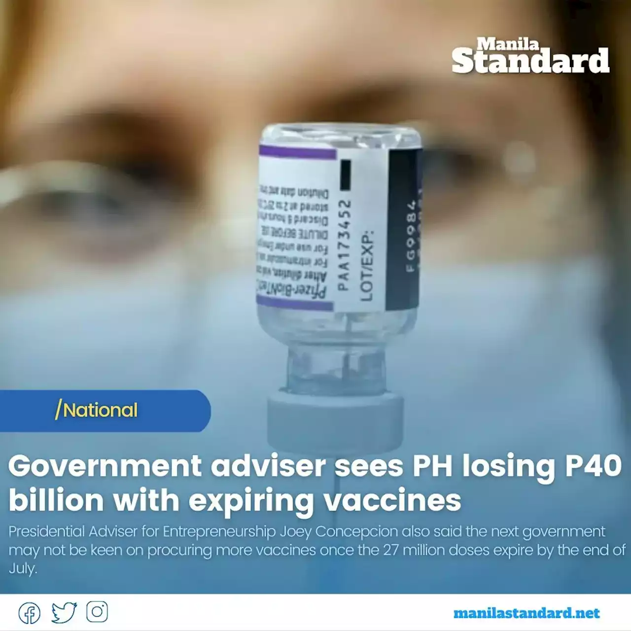 Government adviser sees PH losing P40 billion with expiring vaccines