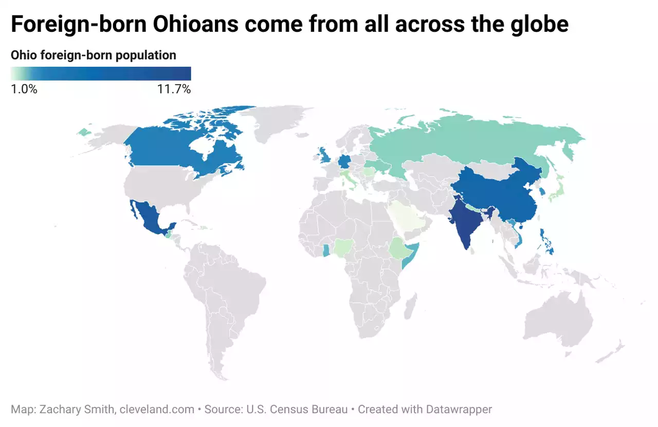 Which 23 countries do the majority of Ohio’s immigrants come from?