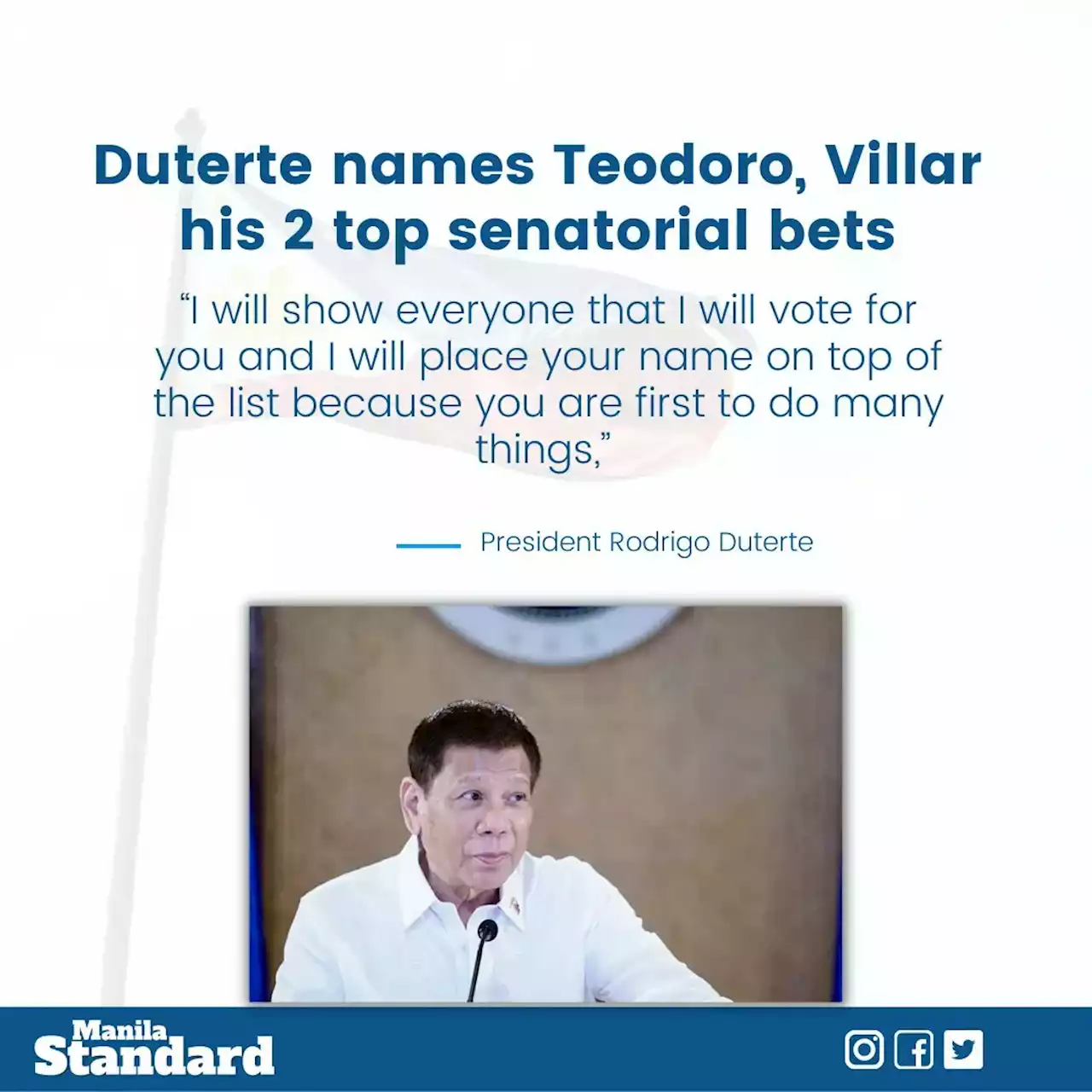 Duterte names Teodoro, Villar his 2 top senatorial bets