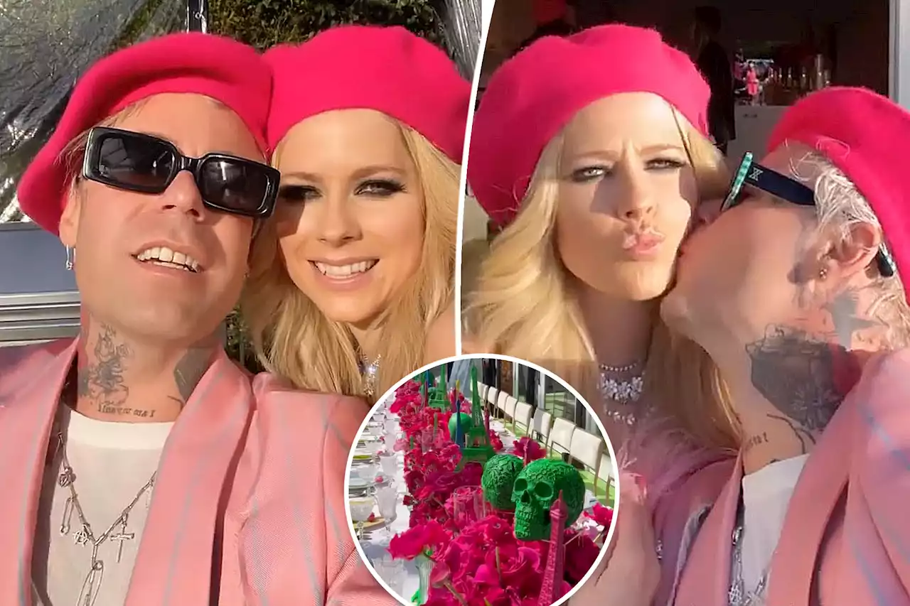 Avril Lavigne and Mod Sun don matching berets at Paris-themed engagement party