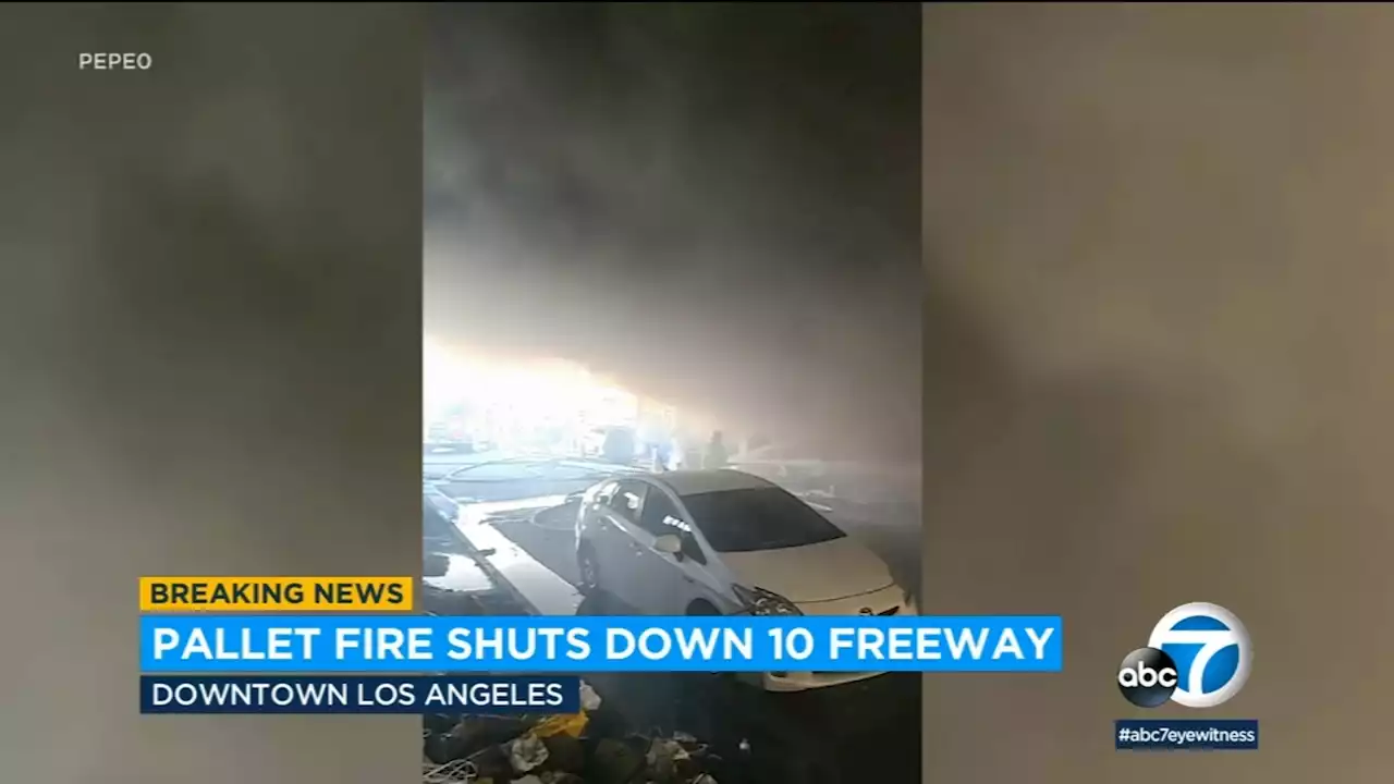 Pallet fire under off-ramp to 10 Freeway in downtown LA shuts down lanes