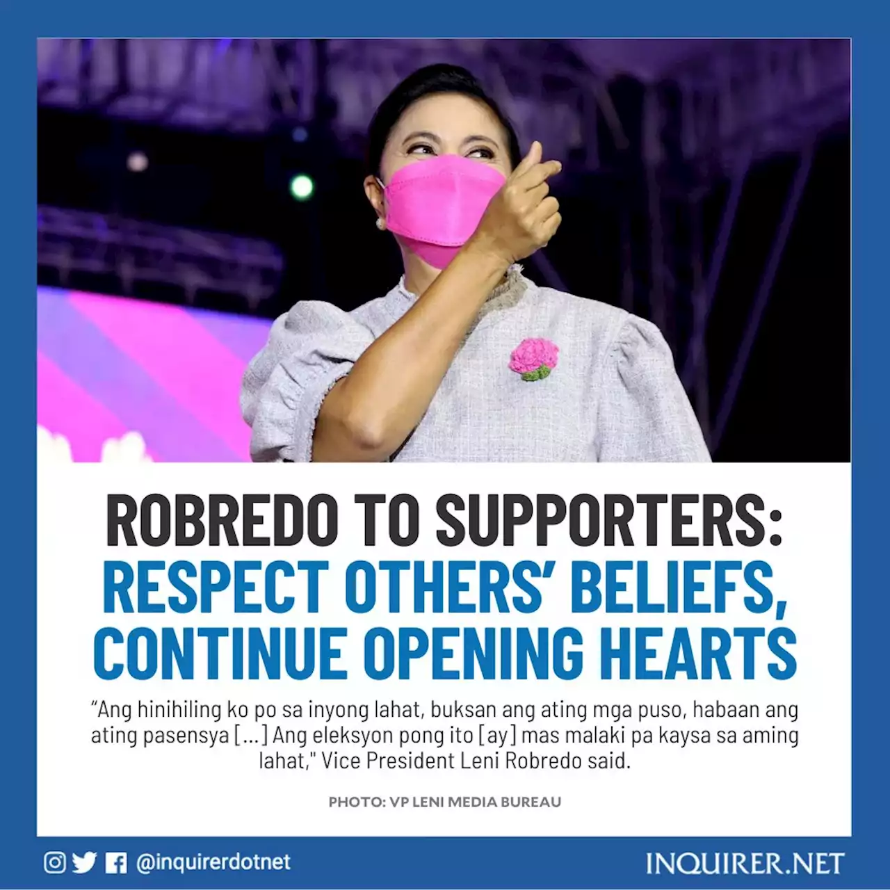 Robredo to supporters: Respect others’ beliefs, continue opening hearts