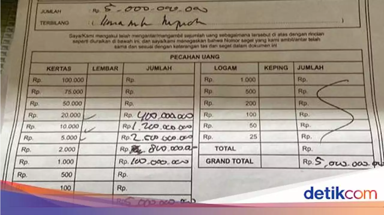 Penampakan Tanda Terima Uang Baru Rp 5 M yang Rp 3,7 M Disita Polisi