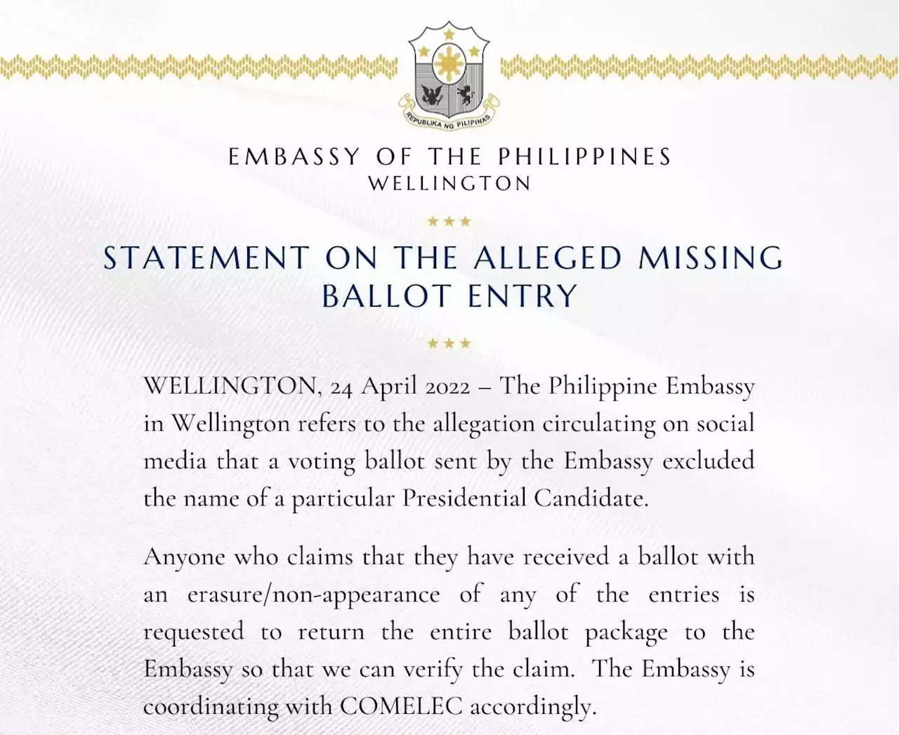 Ballots with alleged missing candidate's name must be returned —Philippine Embassy in Wellington