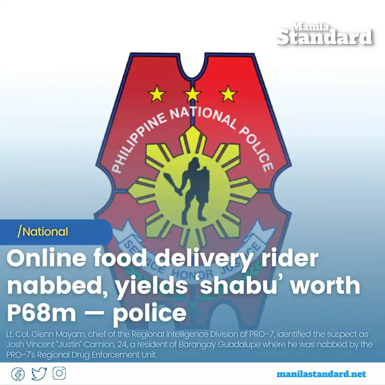 Online food delivery rider nabbed, yields ‘shabu’ worth P68m — police