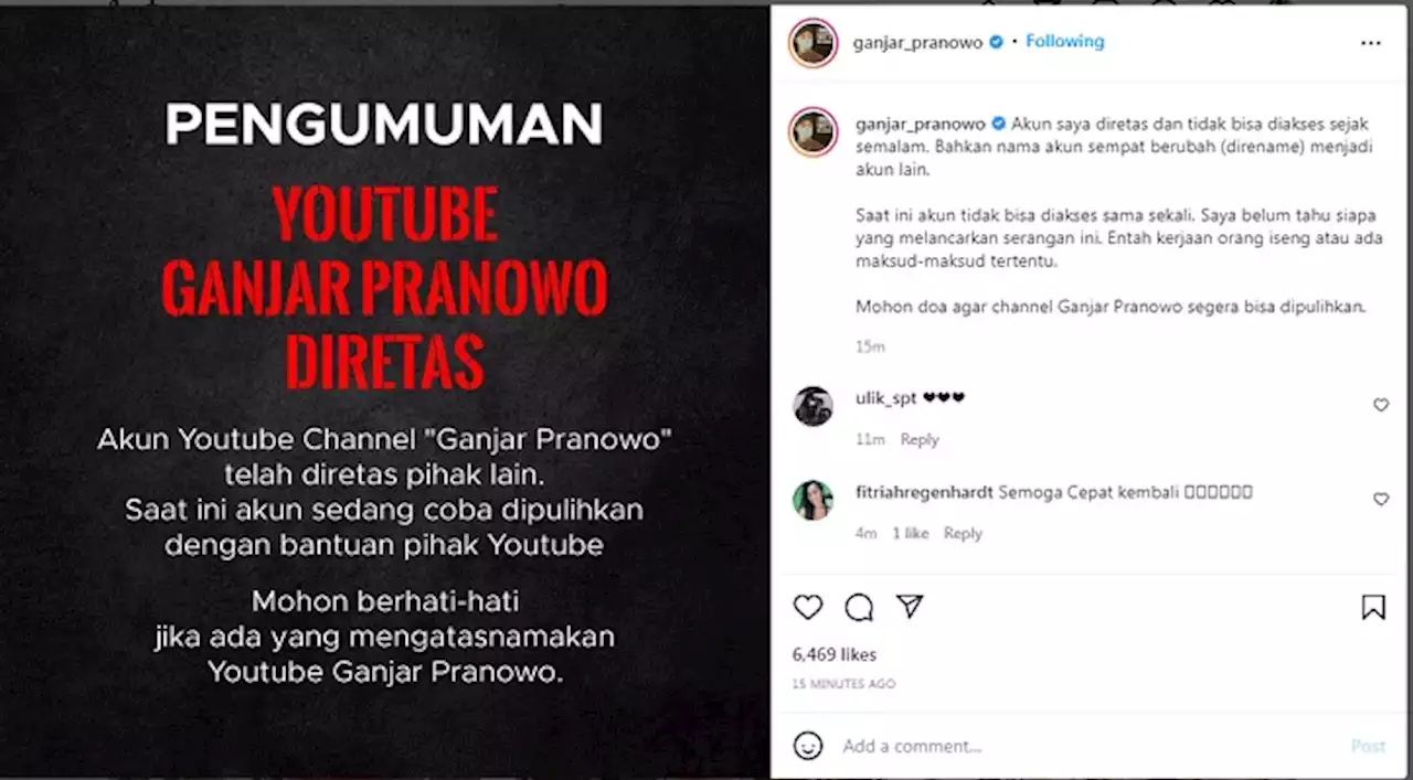 Pengumuman! Akun Youtube Channel Ganjar Pranowo Diretas