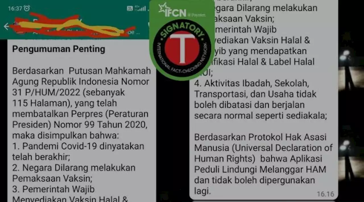 Keliru, Putusan Mahkamah Agung RI Nomor 31 P/Hum/2022 Menyatakan Pandemi Covid-19 telah Berakhir