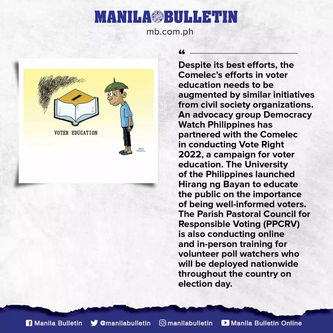 Comelec needs to augment voter education for proper exercise of right to suffrage