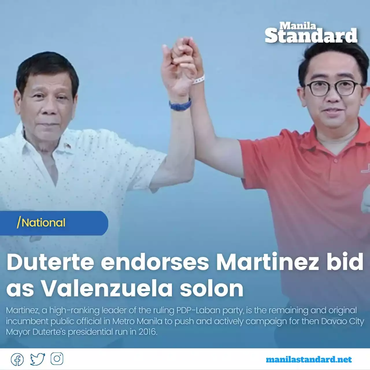 Duterte endorses Martinez bid as Valenzuela solon