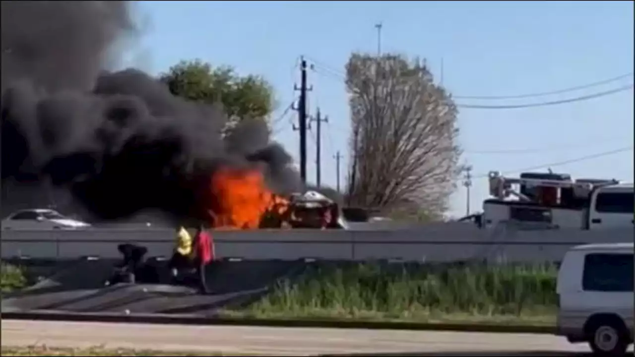 Crash leaves Harris County deputy constable trapped in flaming car, according to HSCO