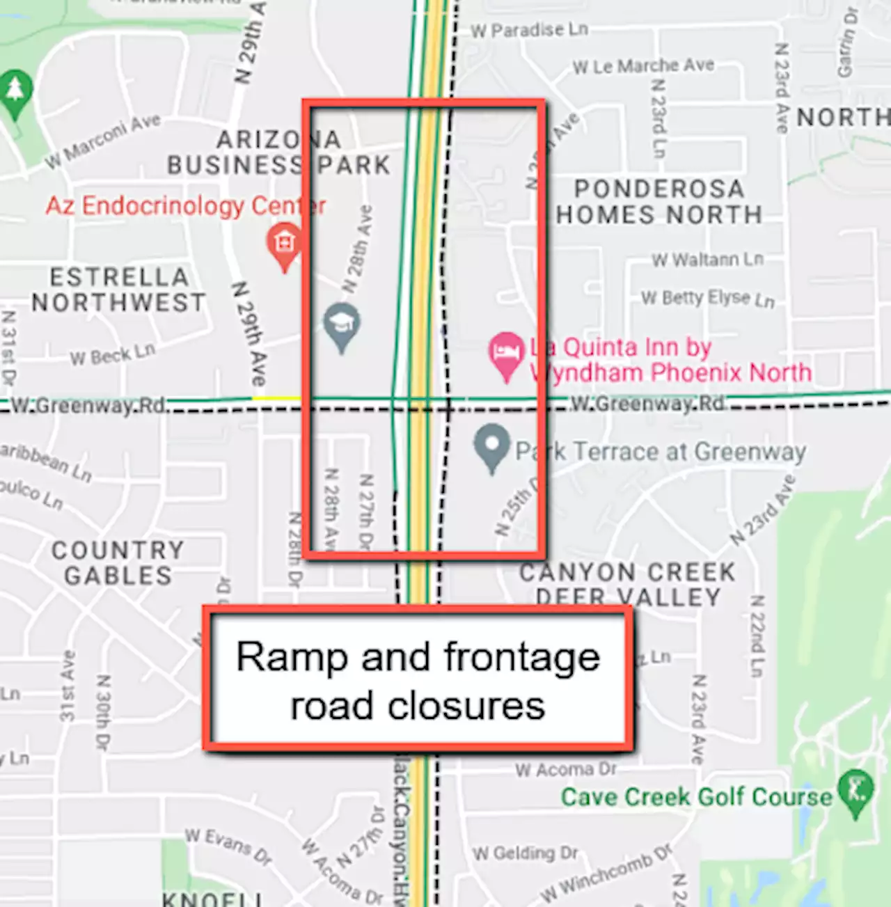 UPDATE: Plan for I-17 ramp and frontage road closures at Greenway Road beginning April 22