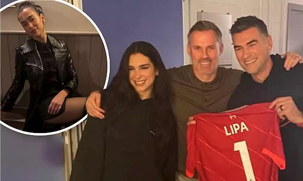 Dua lipa opts poses with Jamie Carragher and her dad Dukagjin