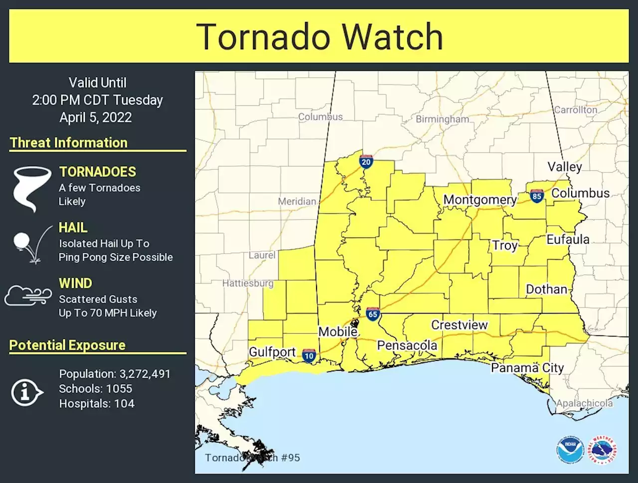 Tornado Watch in Effect for Much of Central and South Alabama until 2PM - Alabama News