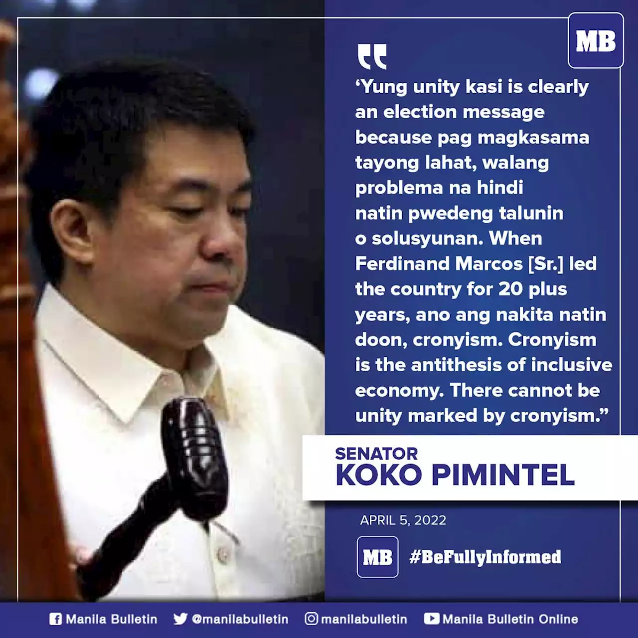 Bongbong's call for unity only 'an election message' — Pimentel