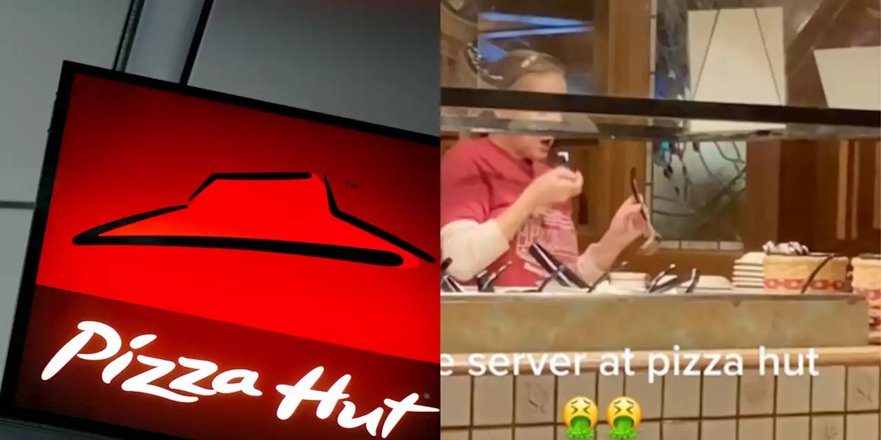 Pizza Hut server appears to eat soup from ladle at buffet counter