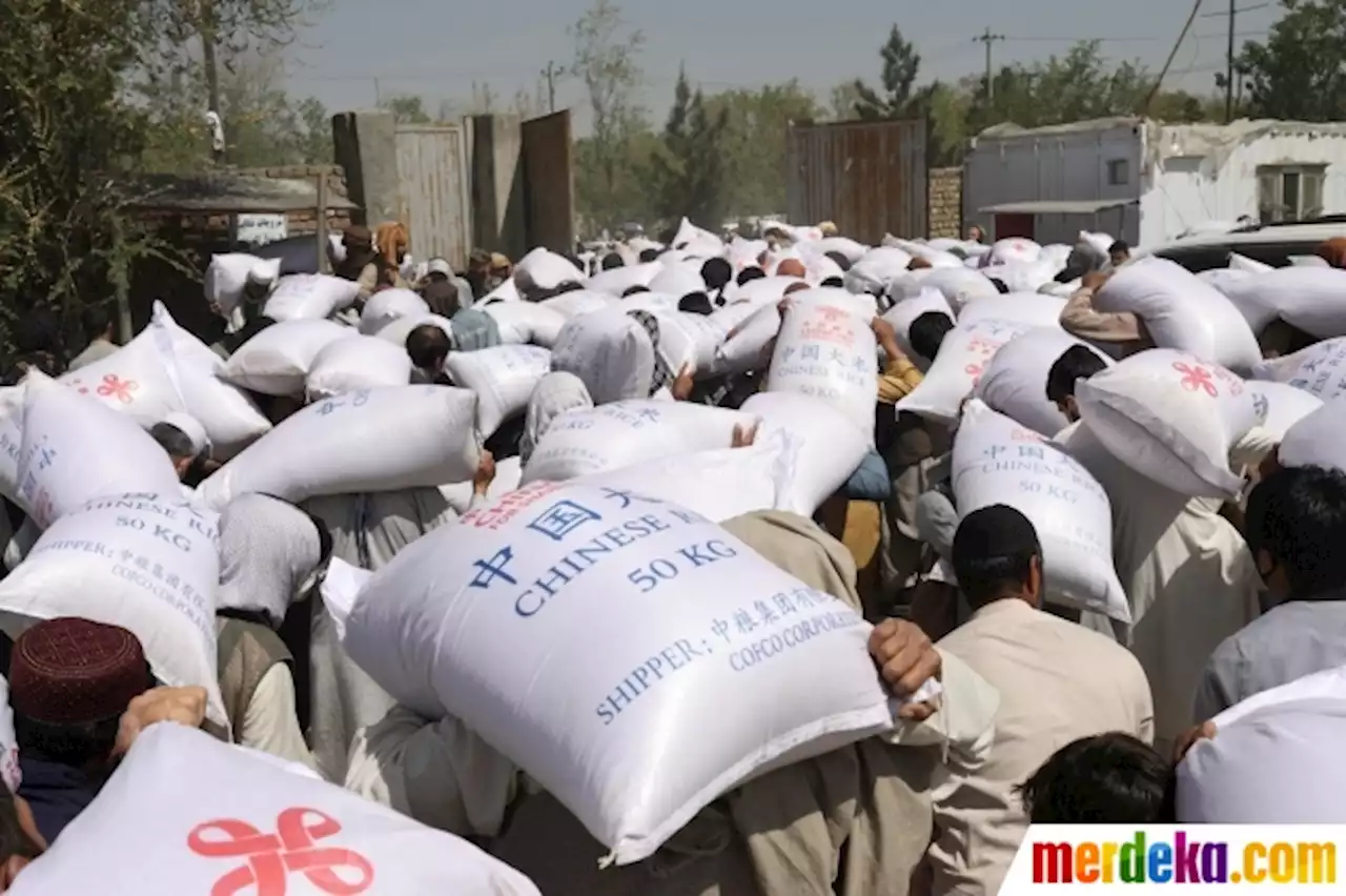 Foto : Bondong-Bondong Warga Afghanistan Panggul Sekarung Beras Bantuan dari China | merdeka.com