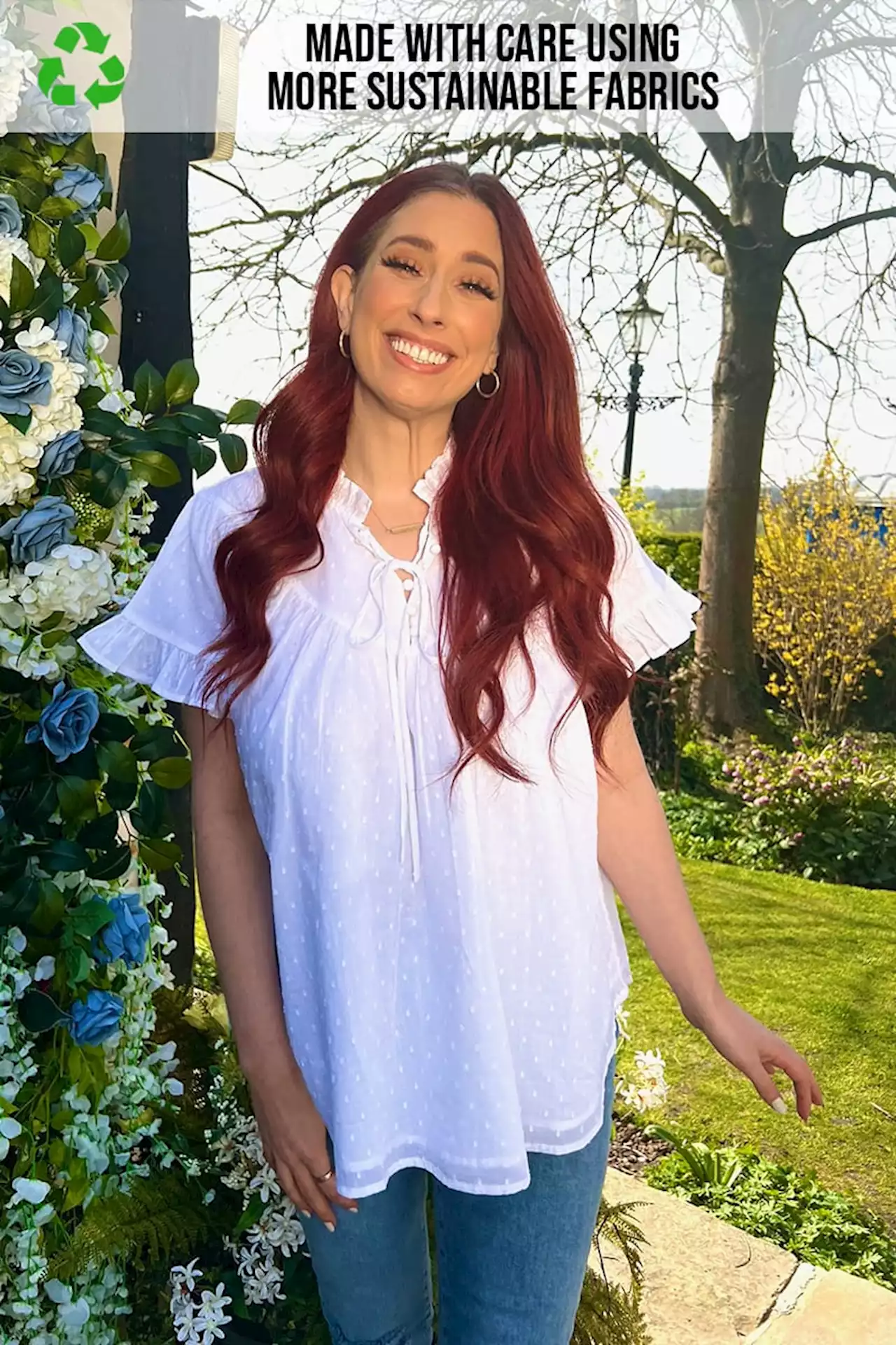 STACEY SOLOMON ORGANIC COTTON WHITE DOBBY FRILL TIE NECK BLOUSE