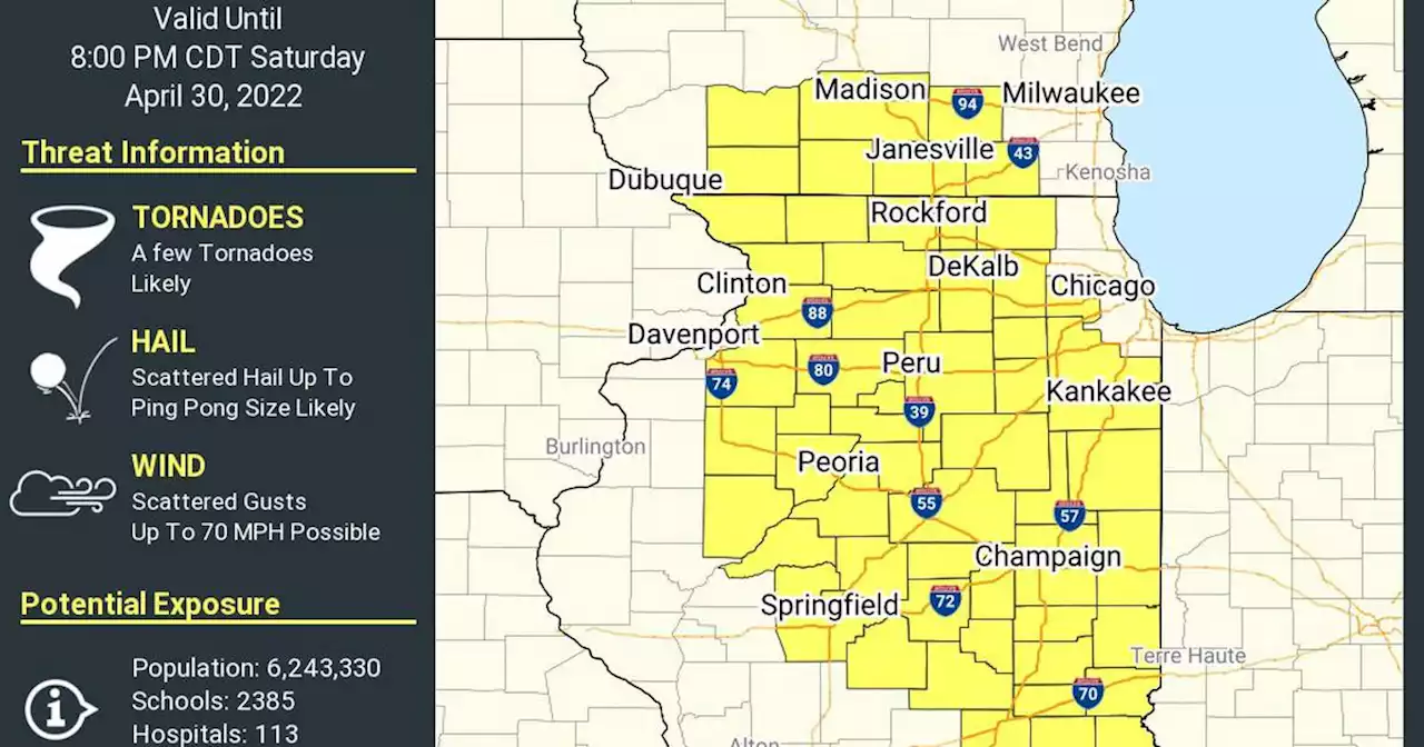 Hazardous weather expected in Chicago area including tornado watch, high winds, hail and thunderstorms, forecasters say