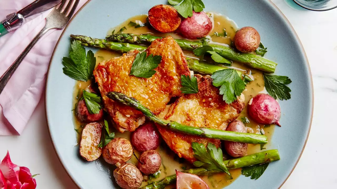 Crispy Chicken Thighs With Spring Vegetables