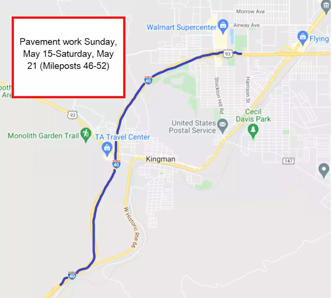 Overnight pavement maintenance work on Interstate 40 through Kingman scheduled May 15-21