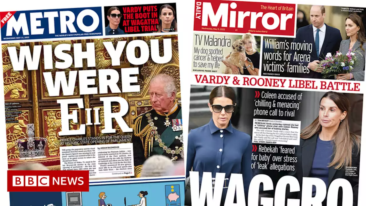 Newspaper headlines: 'Wish you were ER II' and a 'Waggro' libel trial