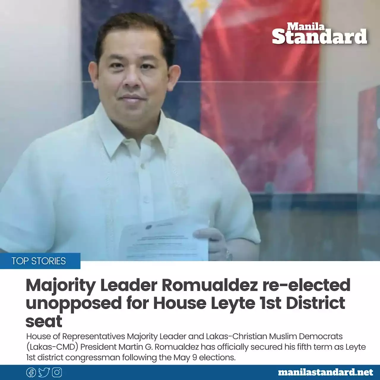 Majority Leader Romualdez re-elected unopposed for House Leyte 1st District seat