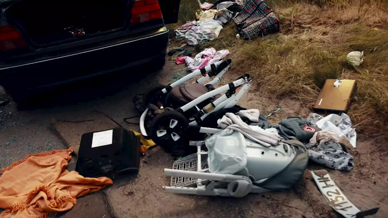 Ukraine war: Baby's clothes left strewn across road after fleeing family caught up in Russian fire near Kharkiv