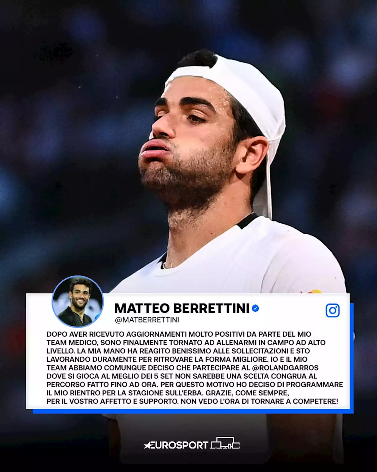 Roland Garros, Matteo Berrettini: 'Il recupero procede bene, ma non sarò a Parigi. Tornerò per stagione sull'erba'