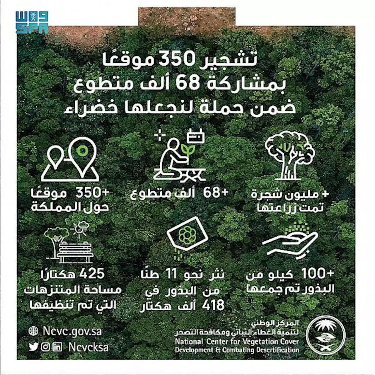 تشجير أكثر من 350 موقعًا حول المملكة بمشاركة 68 ألف متطوع في حملة لنجعلها خضراء