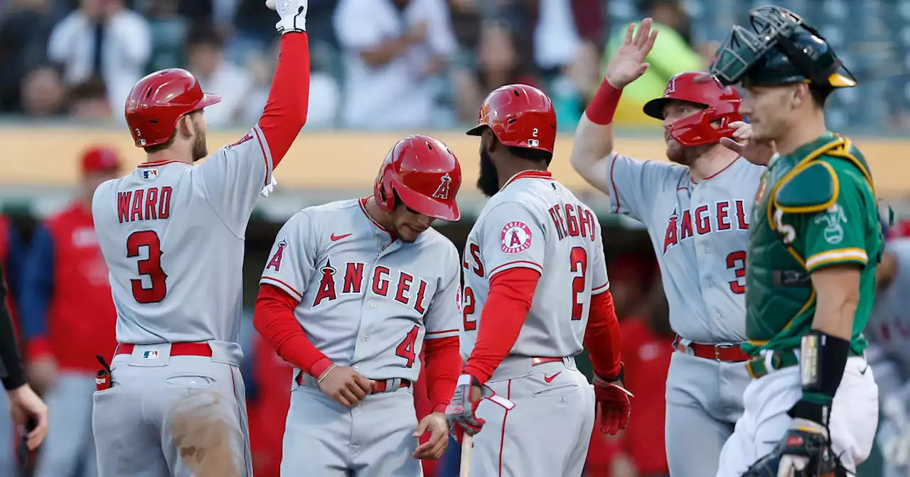 Ohtani hits 100th career homer, Ward hits grand slam as Angels handle A's in second game of Saturday doubleheader